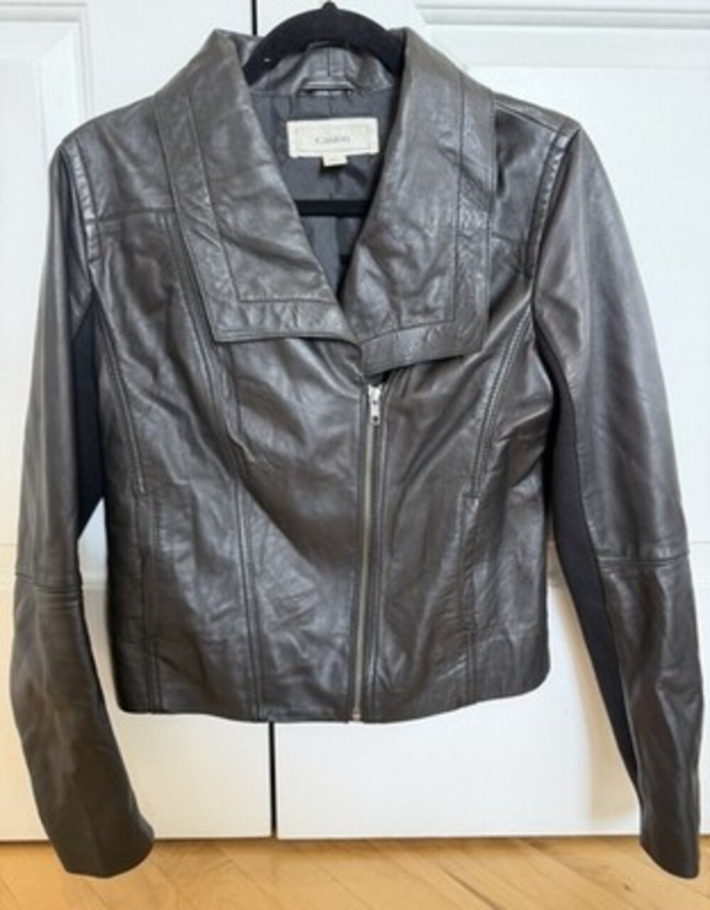 Y2K Caslon Black Leather Asymmetrical Zip Moto Jacket w/Knit Panels Size S EUC
